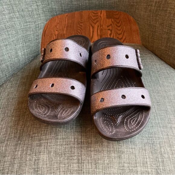 CROCS Classic Glitter 2 Strap Slide Sandal Womens Sz 10 Slip On Black / Silver! - Picture 9 of 12